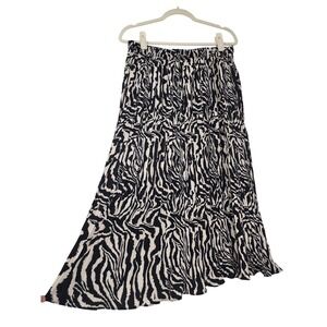 Women Classy Flared Pleated Cream Zebra Print Chiffon Midi Skirt Elastic Waist L